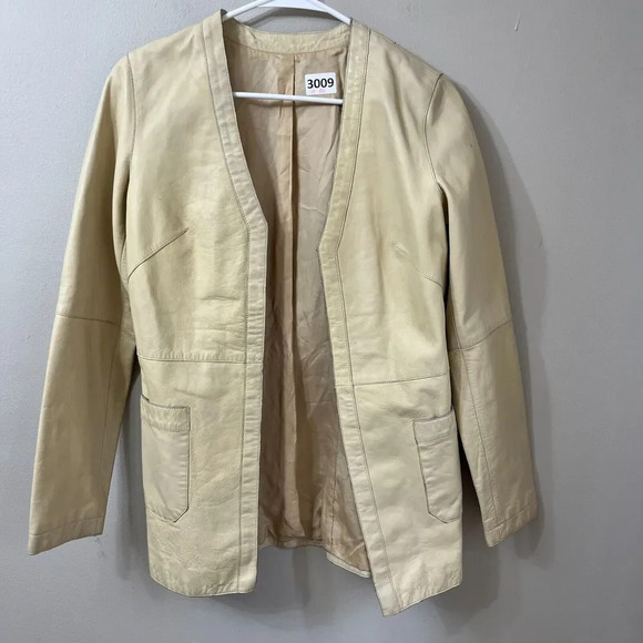 Designer Unique Women Biege Cosmo Bella Leather Biker Jacket Classic Pockets Vtg - Picture 4 of 11